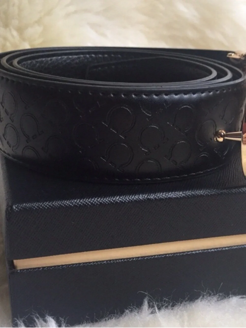 Salvatore Ferragamo Black Leather Belt with Gold Double Gancini Buckle